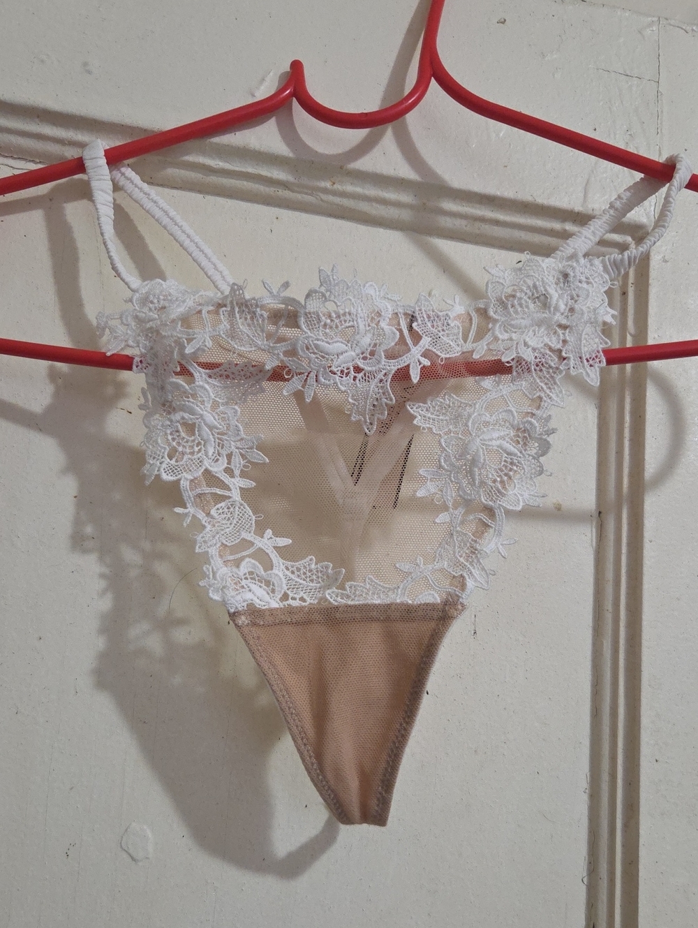 Victoria's Secret Nude Mesh Thong with White Floral Lace